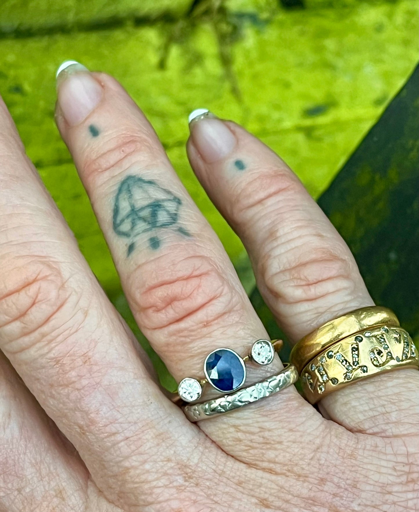 Sapphire and old cut diamond French trilogy ring