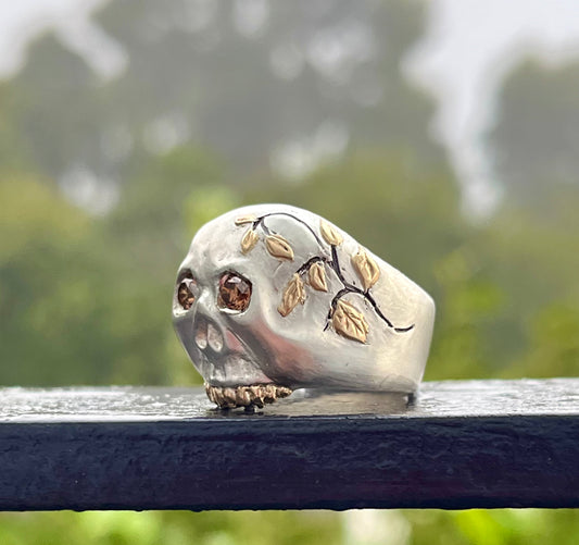 Skull ring- sterling silver, gold and champagne diamond eyes