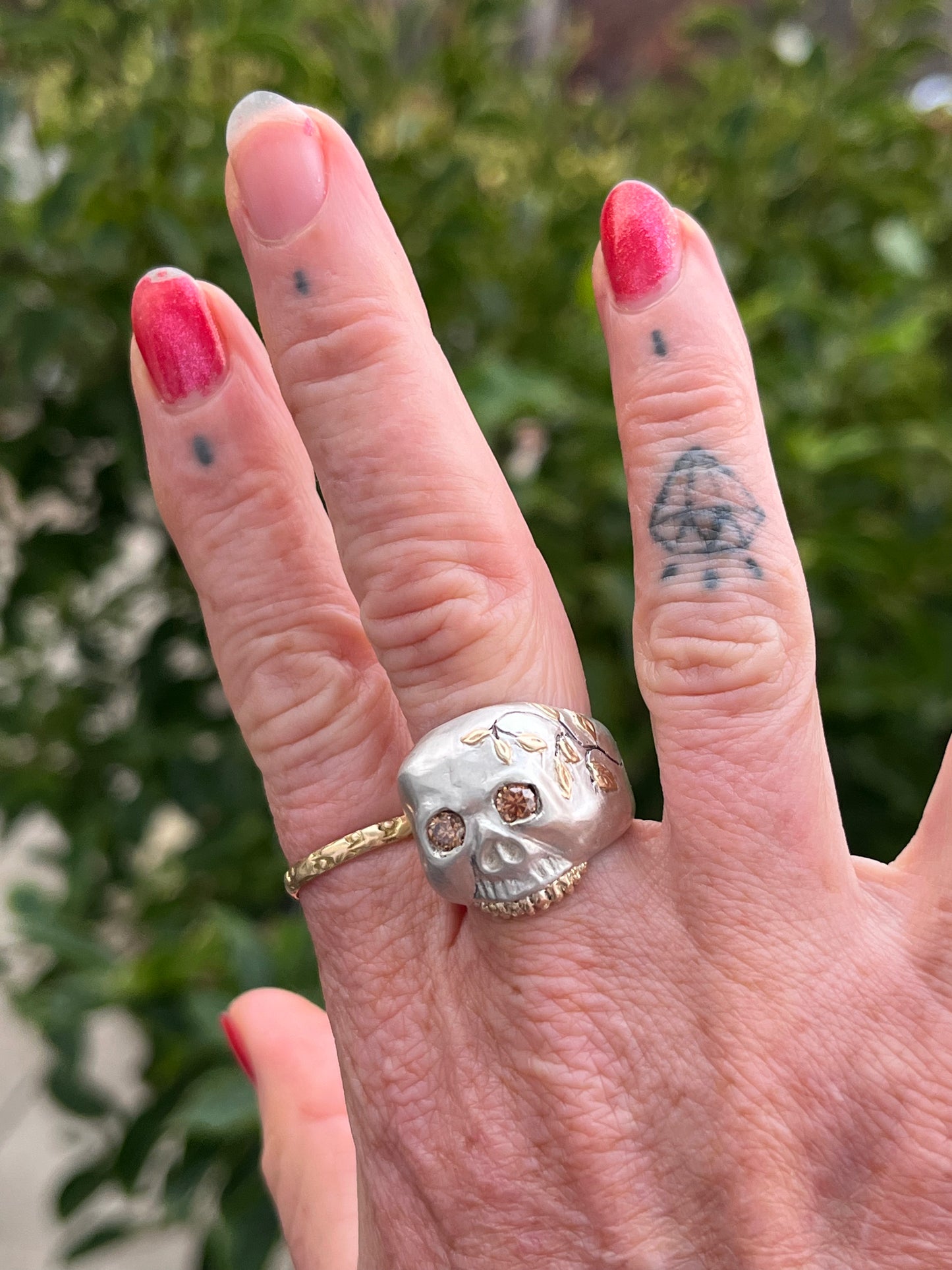 Skull ring- sterling silver, gold and champagne diamonds
