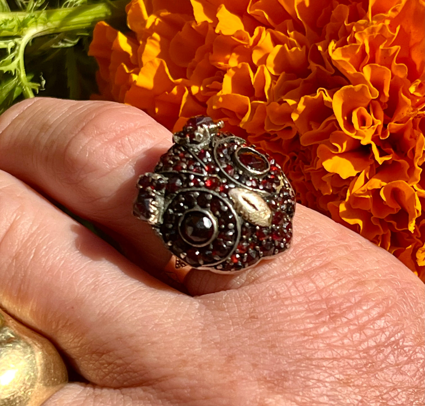 Bohemian garnet owl ring
