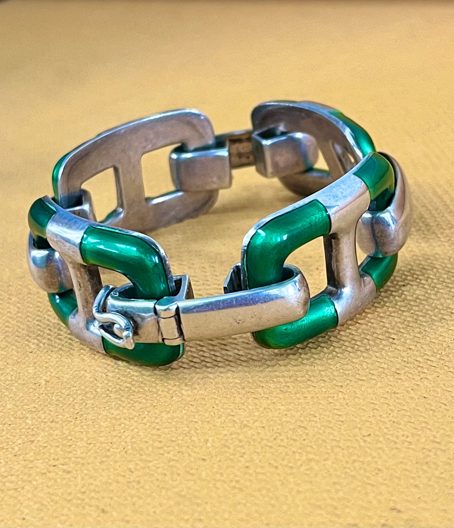 Silver and green enamel heavy bracelet