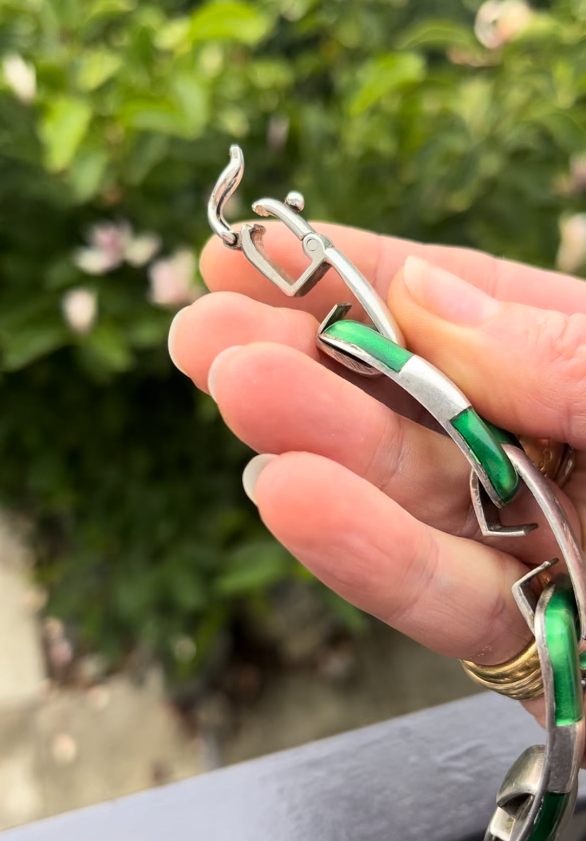 Silver and green enamel heavy bracelet