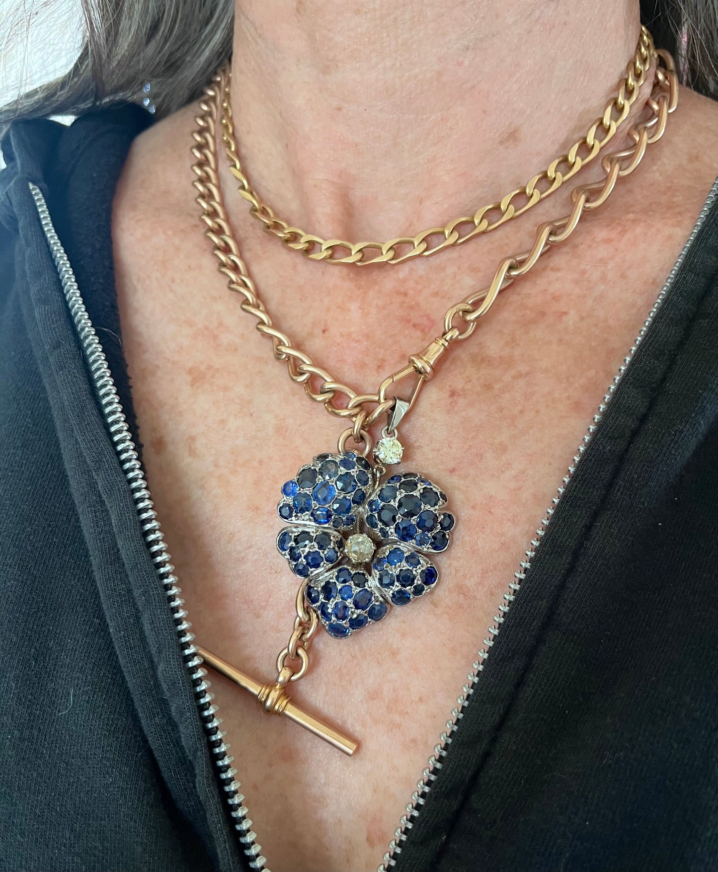 Sapphire and diamond pansy pendant