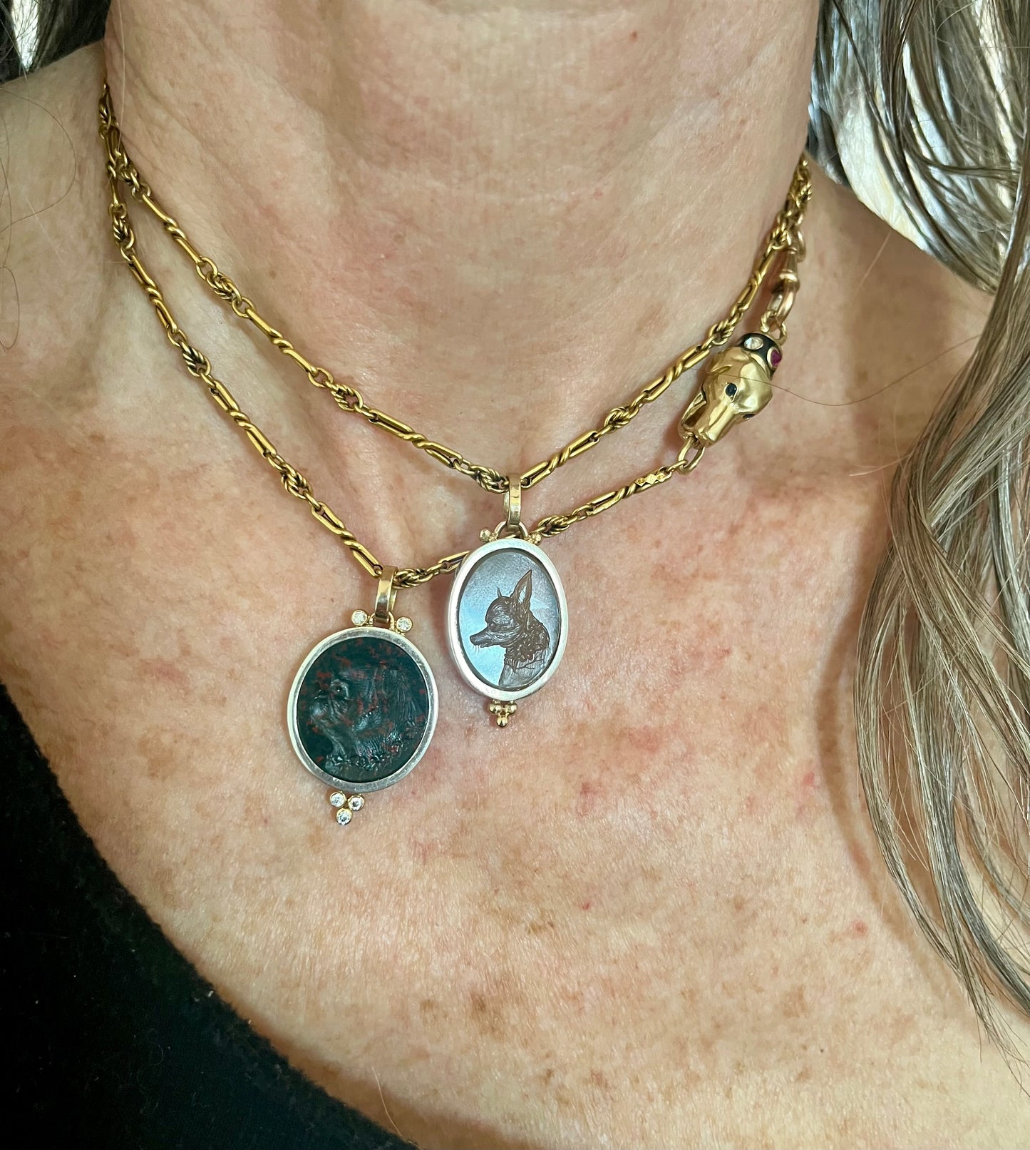 Beloved Pet intaglio pendant, silver and 18k