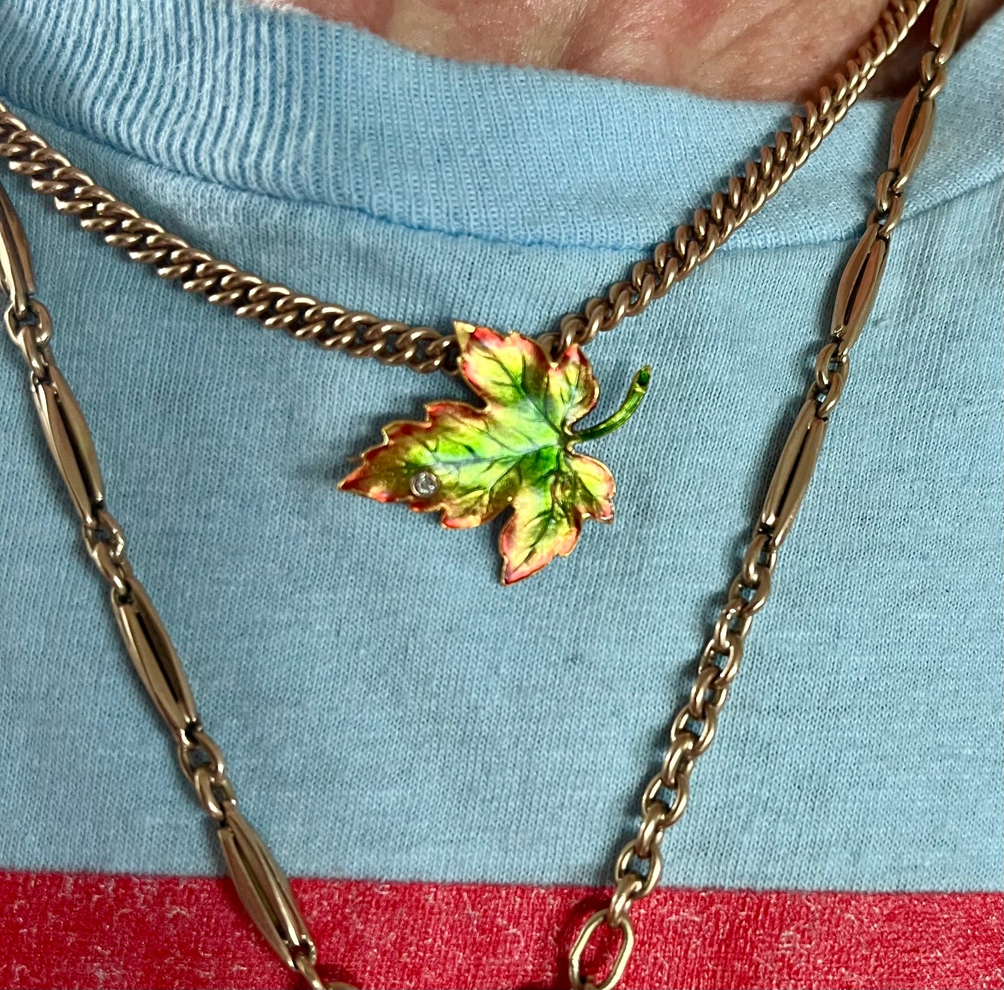 Art Nouveau 14k/ enamel Leaf pendant and brooch