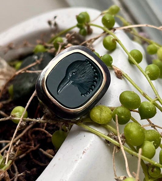 Oxidized silver and 18 K crow ring