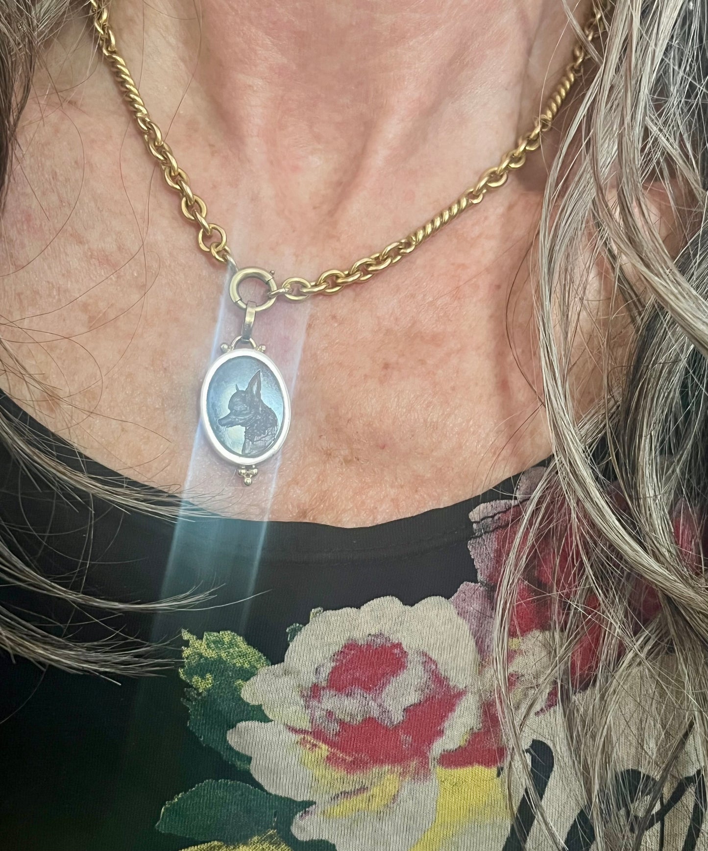 Beloved Pet intaglio pendant, silver and 18k