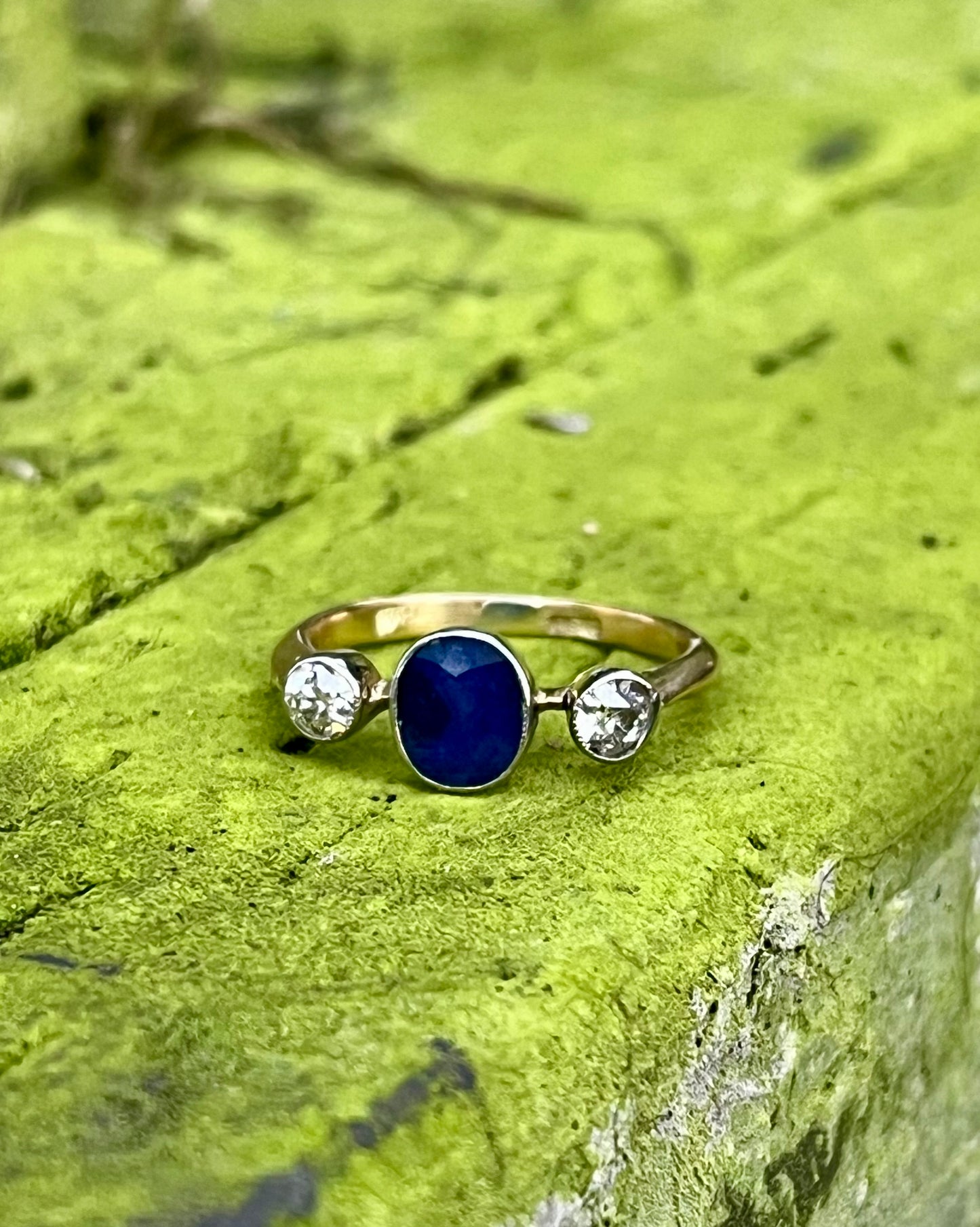 Sapphire and old cut diamond French trilogy ring