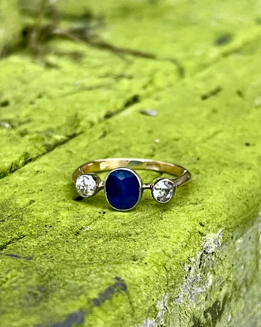 Sapphire and old cut diamond French trilogy ring