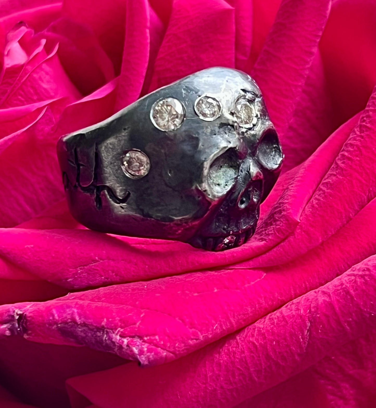 Custom oxidized silver skull ring