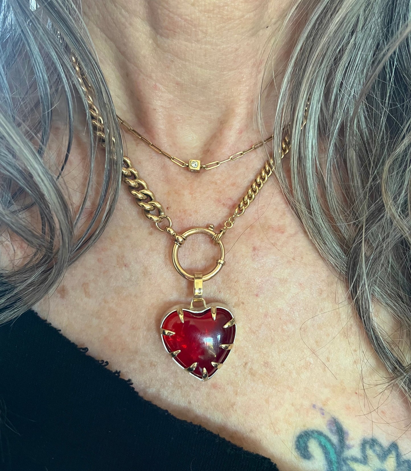 "Love you" glass heart: silver and 18k