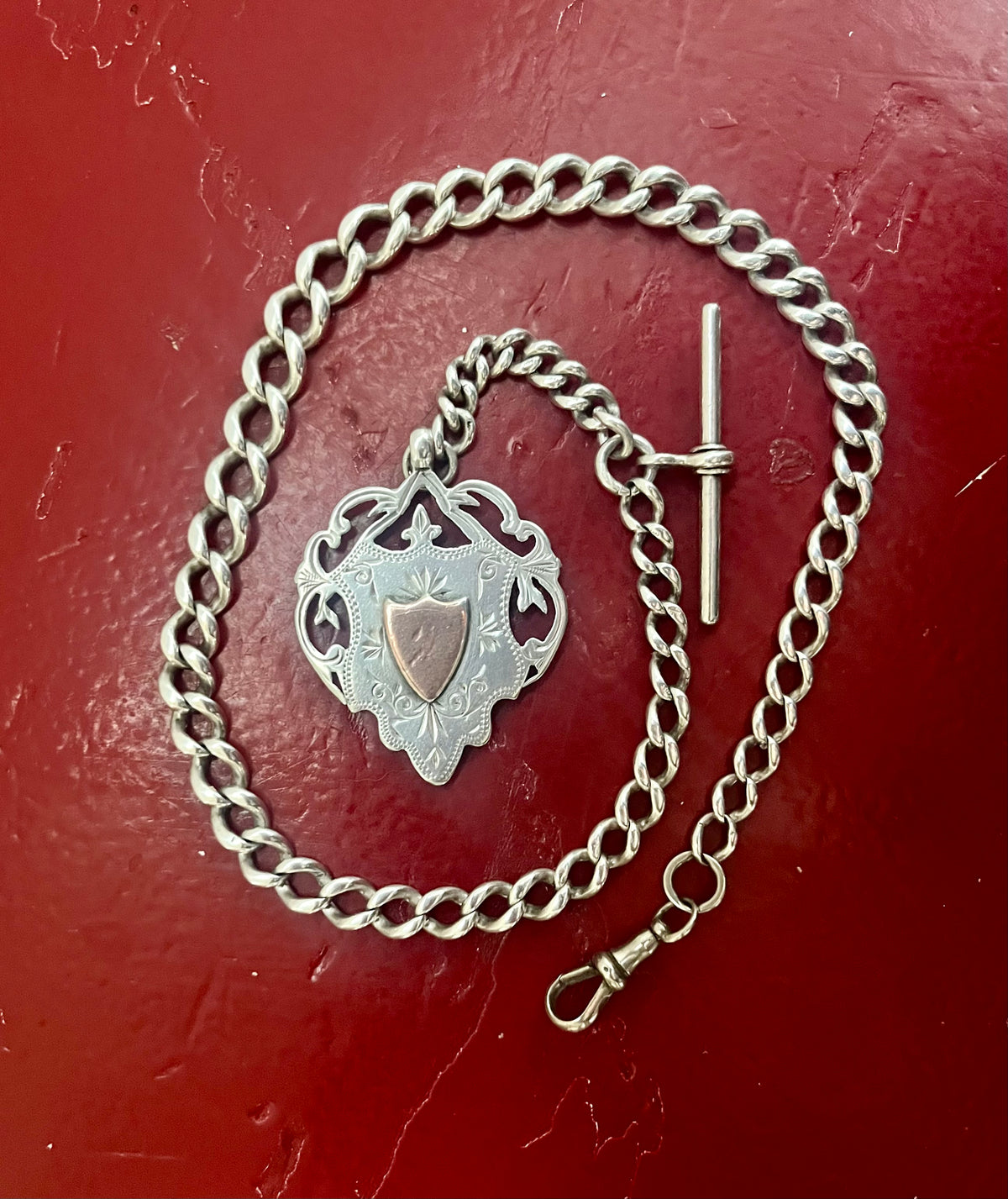 Antique silver watch chain and fob