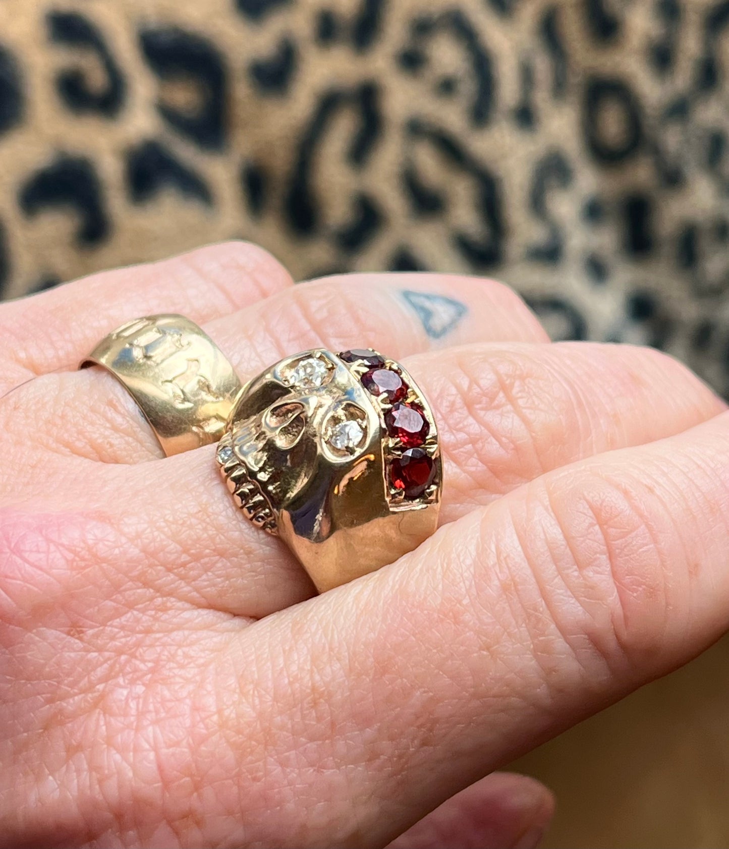 Gold Skull with old cut diamonds and garnets