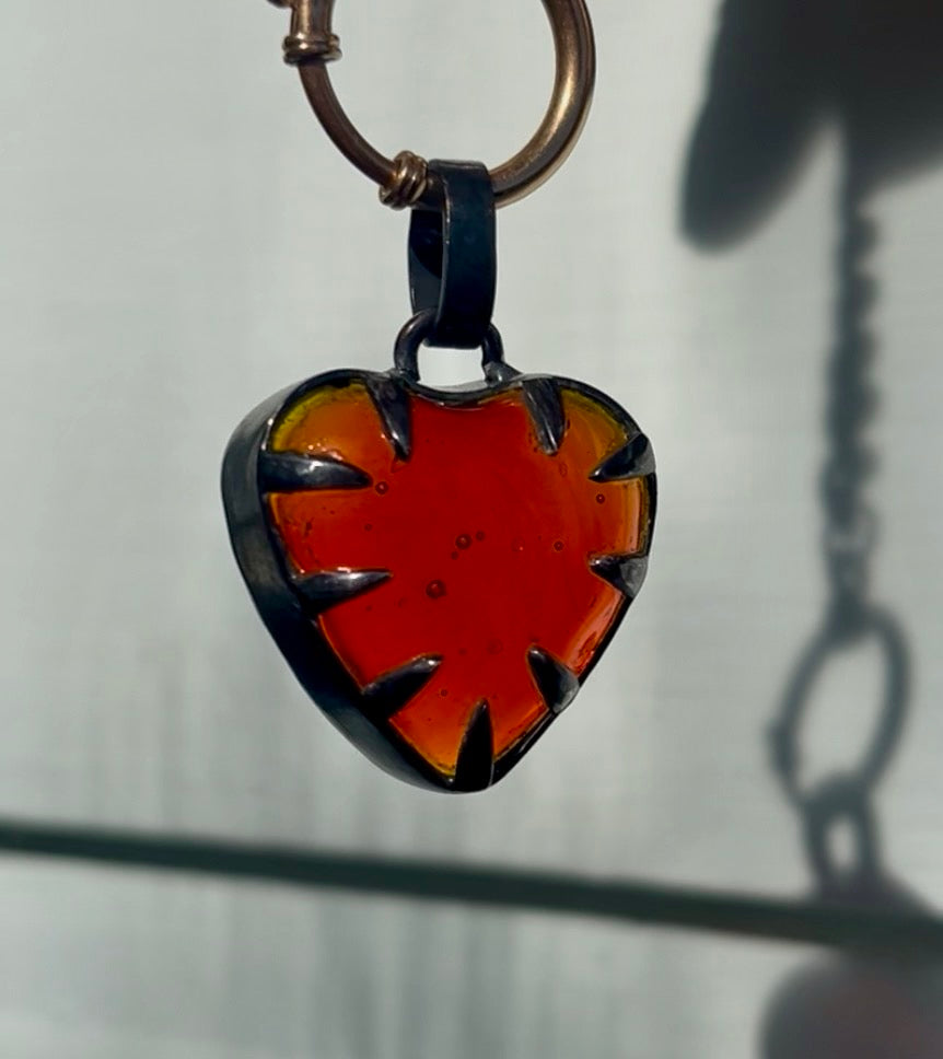 "Love You" Glass heart in blackened silver