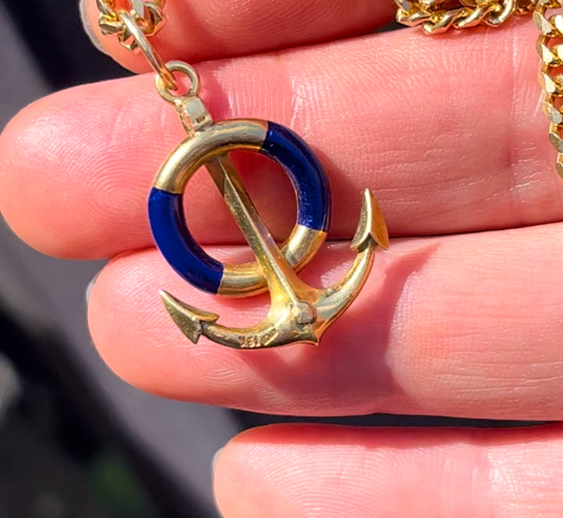 18k and enamel anchor pendant